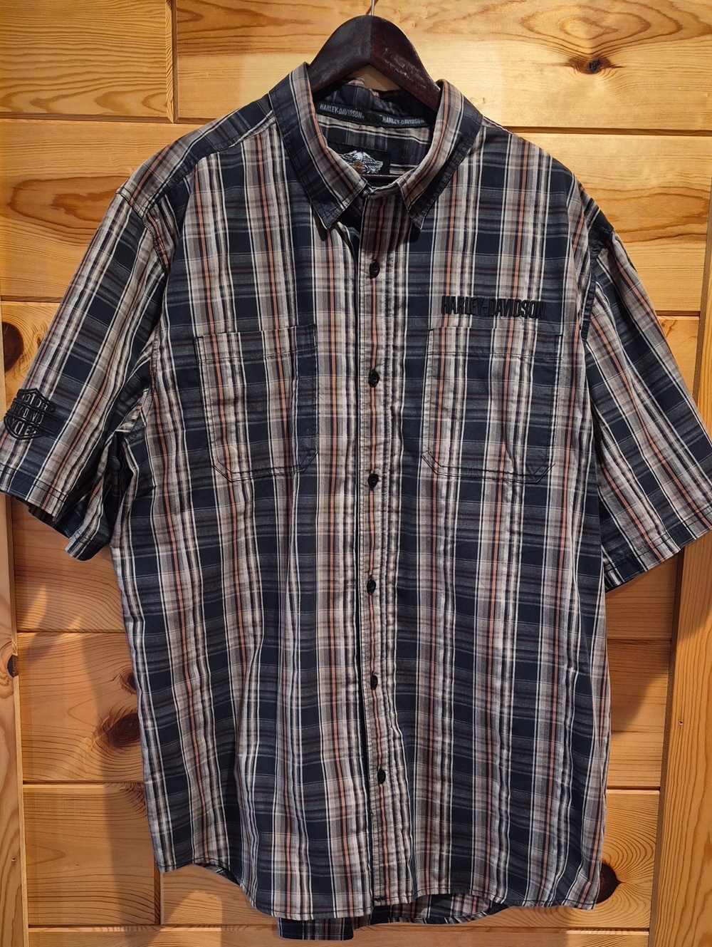 Mens Harley-Davidson Black, Tan & White Plaid Short-Sleeve Button Shirt 3xL